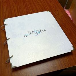 Large White Rose Patterned Wedding guestbook with 'Mr & Mme' message