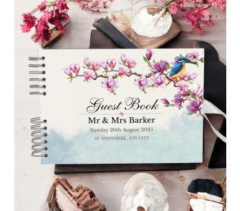 Personalised Charming Bird on Branch with Pink Flowers Guest Book with Different Page Options-No. 221
