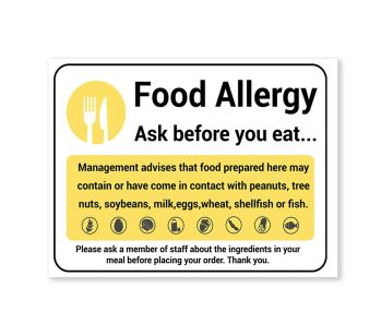Food Allergy Ask Before You Eat Warning Sign, Durable Waterproof PVC, Rust-Free, No. 100, 101