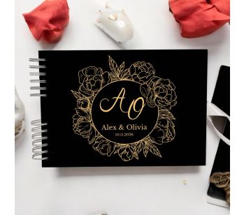 Personalised Black & Gold Floral Wedding Guest Book with Different Page Options-No. 229