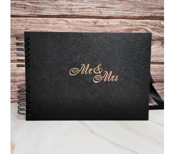 Good Size, Black Guestbook with Golden ‘Mr & Mrs ‘ Message & Slight Leather Affect Covers