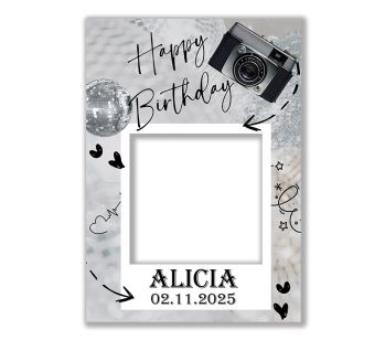 CUSTOM Silver Disco Ball & Camera Theme Birthday Fully Printed Posing Frame – No. 054