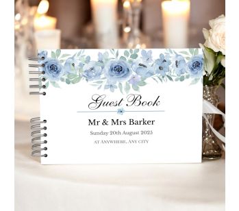 Personalised Elegant Blue Watercolor Floral Wedding Guest Book with Different Page Options