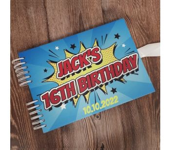 Personalised Blue Pop Art Comic Guestbook With Different Page Style Options