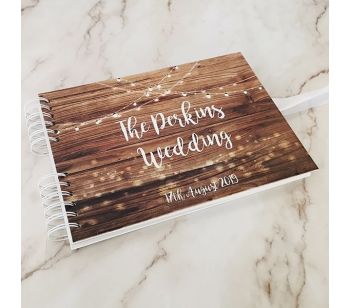 Personalised Rustic Wood With Hanging Fairy Lights Guestbook with Different Page Options