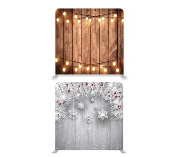 8ft*7.5ft Rustic Wood with Fairy Lights And Snowy Fir Tree Xmas Backdrop, With or Without Tension Frame