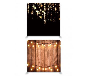  8ft*8ft Rustic Wood with Fairy Lights and Black with Gold Falling Stars Backdrop, With or Without Tension Frame