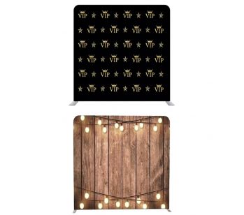 8ft*8ft Rustic Wood with Fairy Lights and Black and Gold VIP Backdrop, With or Without Tension Frame