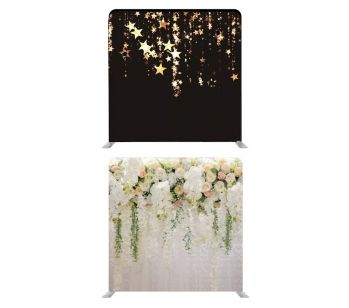 Black With Gold Falling Stars and Beautiful Pastel Flowers Foliages Backdrop, With or Without Tension Frame
