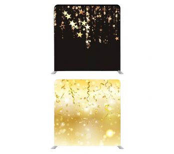 Black With Gold Falling Stars and Party Streamers Backdrop, With or Without Tension Frame