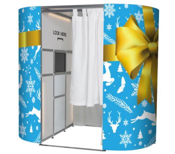 Blue Xmas Present With Golden Bow Photo Booth Panels Skins