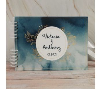 Personalised Blue Watercolour With Gold Foliage Guestbook with Different Page Style Options