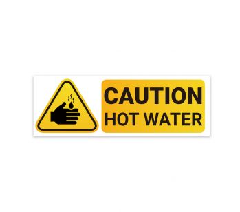 White and Yellow ‘CAUTION HOT WATER’ Warning Sign. Tough, Durable And Rust-Proof Weatherproof PVC Sign For Indoor And Outdoor Use, 300mm x 100mm. No.050
