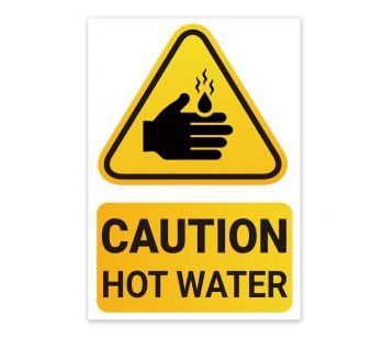 White and Yellow ‘CAUTION HOT WATER’ Warning Sign. Tough, Durable And Rust-Proof Weatherproof PVC Sign For Indoor And Outdoor Use, 210mm x 148mm. No.051