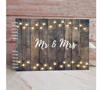 Dark Rustic Wood Warming Fairy Lights With 'Mr & Mrs' Message With Plain Pages