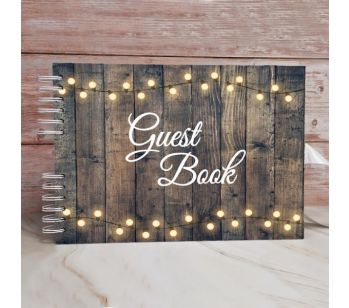 Dark Rustic Wood Warming Fairy Lights With 'Guest Book' Message With 6x4 Landscape Slip-in Pages