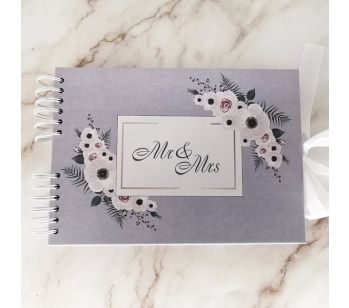 Good Size, Grey With Pink & Green Floral Frame ‘Mr & Mrs’ Guestbook with Slip-in Pages