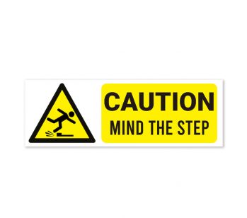 White and Yellow ‘CAUTION MIND THE STEP’ Warning Sign. Tough, Durable And Rust-Proof Weatherproof PVC Sign For Indoor And Outdoor Use, 300mm x 100mm. No.046