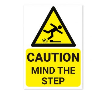 White and Yellow ‘CAUTION MIND THE STEP’ Warning Sign. Tough, Durable And Rust-Proof Weatherproof PVC Sign For Indoor And Outdoor Use, 210mm x 148mm. No.047 