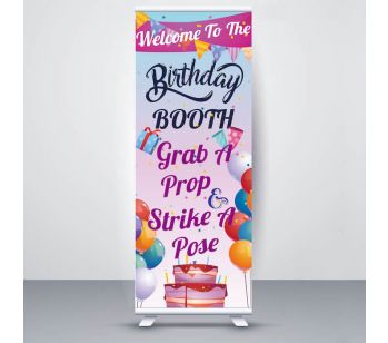 Pastel Pink & Purple Celebration Balloons ‘ Birthday Booth Strike A Pose’ Roller Banner