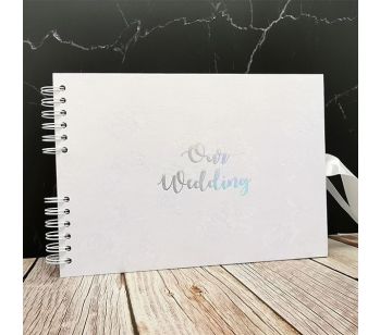 Good Size, White Rose Patterned Guestbook with Silver ‘Our Wedding' Message With 6x2 Printed Pages