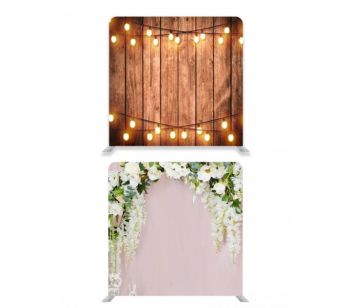 8ft*8ft Rustic Wood with Fairy Lights and Pastel Flowers on Pink Background Backdrop