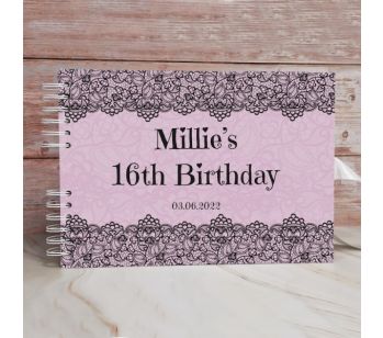 Personalised Light Pink with Black Lace Detail Guestbook with Different Page Style Options