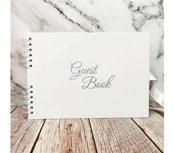 Good Size White Guestbook with Silver ‘Guest book ‘ Message With 6x2 Printed Pages